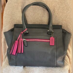 Coach Charcoal Gray Pebbled Leather Tote/Satchel with Raspberry Tag and Tassle